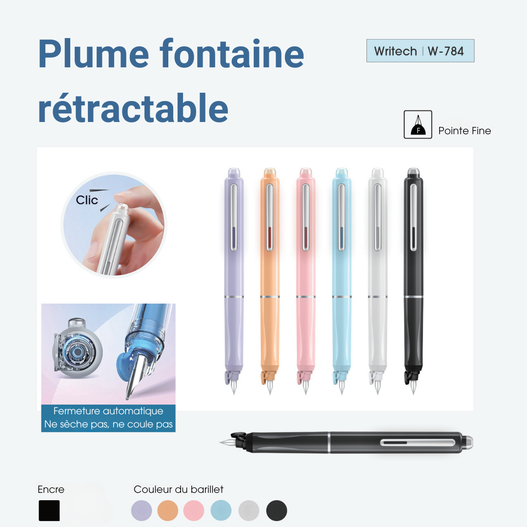 Retractable Fountain Pen + 5 Ink Cartridges (Black Ink)
